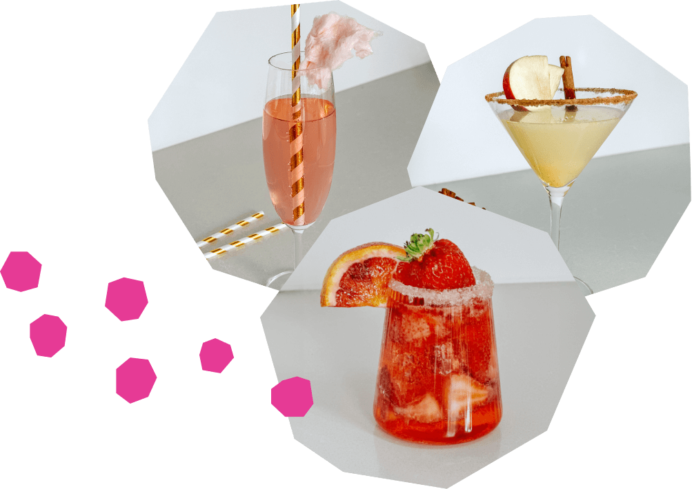 Un collage de trois cocktails : une coupe de champagne rosé garnie de barbe à papa, un martini crémeux garni de pomme et de cannelle et un verre old-fashioned rempli d'un cocktail rouge garni de fraise et d'orange sanguine.