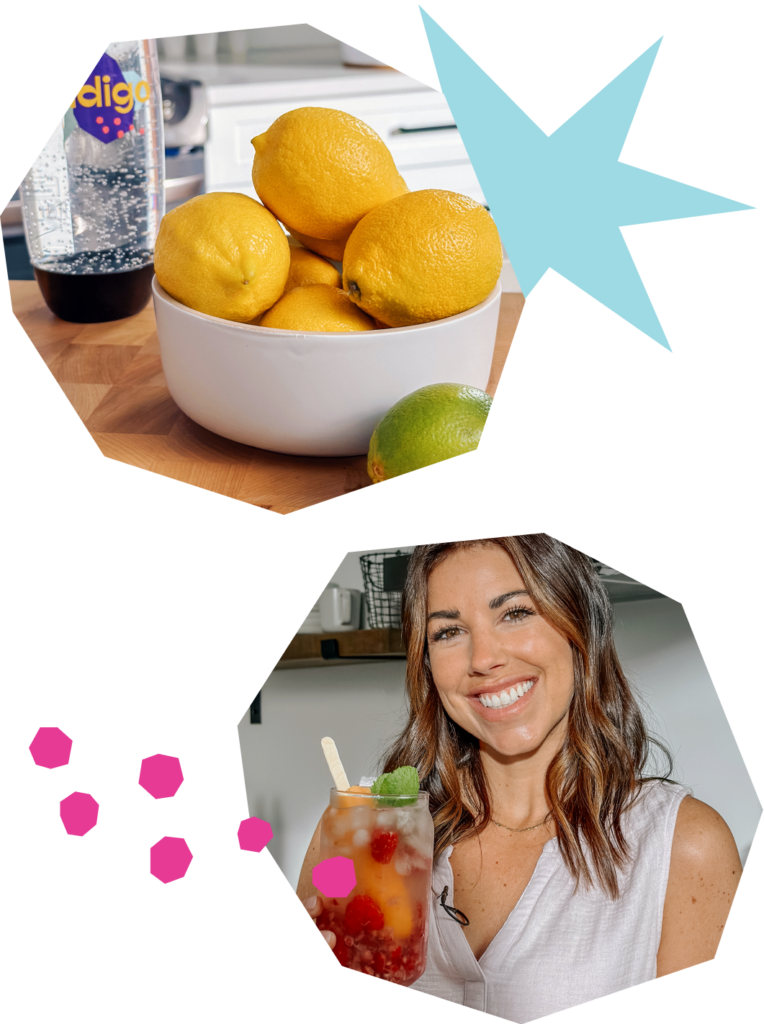 Montage of two images. The first is of a white bowl filled with yellow lemons on a wooden countertop. A bottle of sparkling water is visible in the background, and a lime stands next to the bowl. The second is of Jessica Lapointe holding a glass filled with sparkling water, raspberry and a mango pop-sicle.