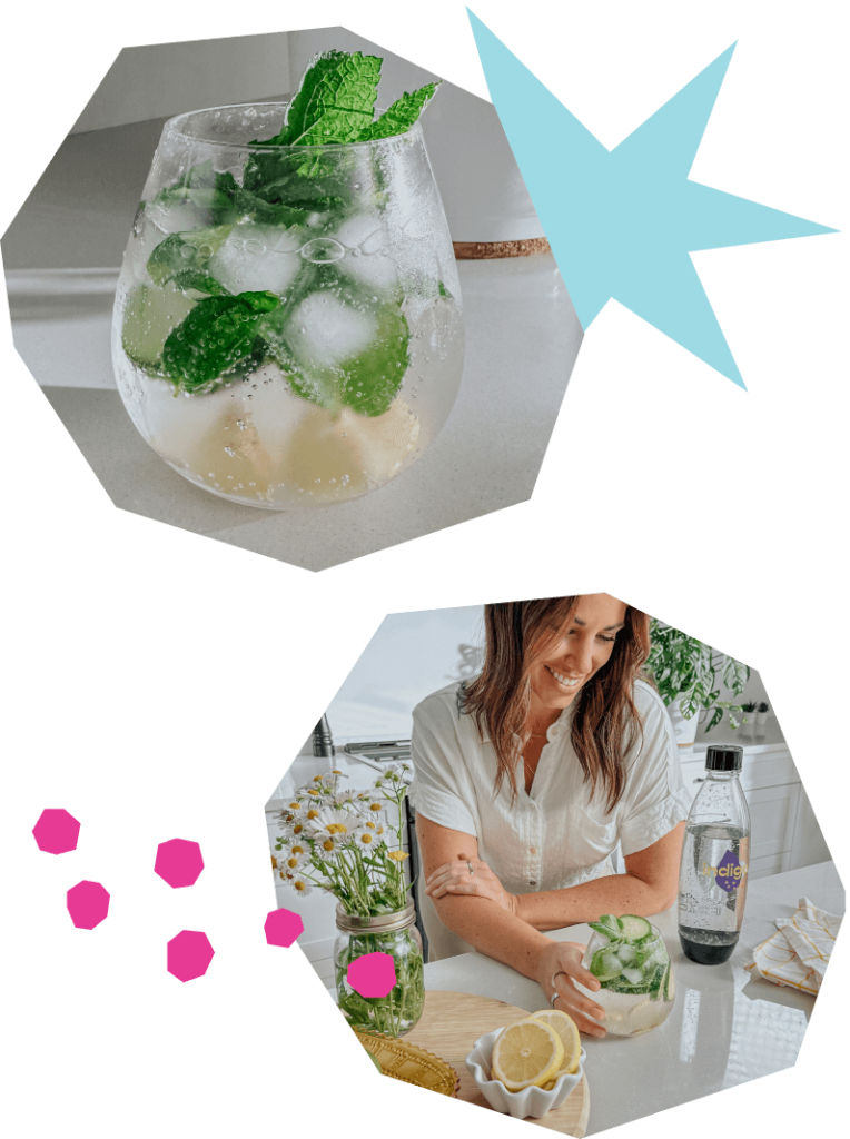 Un collage de deux images. La première est d'un mocktail rafraîchissant d'eau pétillante dans un verre arrondi, rempli de glaçons, de tranches de citron vert et garni de feuilles de menthe fraîche. La deuxième est Jessica Lapointe tenant le mocktail dans ses mains. Un verre rempli de fleurs sauvages est à sa droite et une bouteille d'eau pétillante Indigo est à sa gauche.