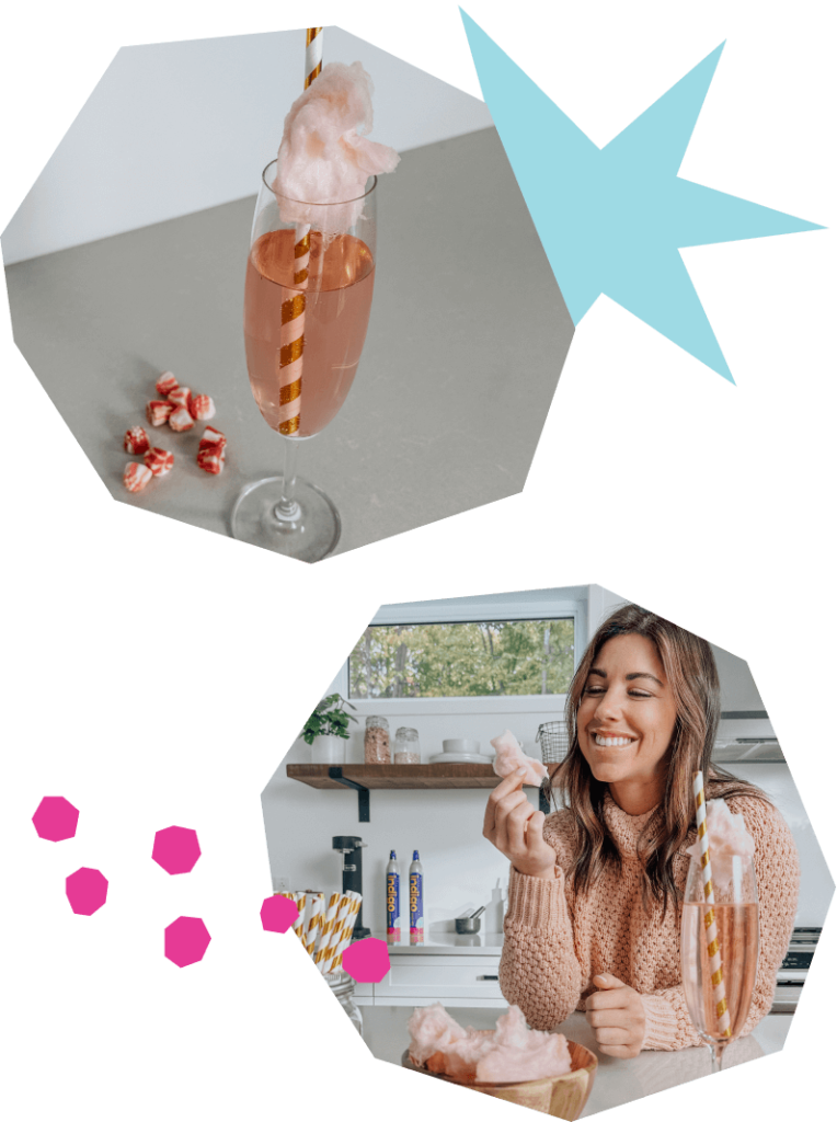 Collage de deux images. La première est d'un verre à vin rempli d'eau pétillante rose et garni d'une barbe à papa rose pâle. Une paille rayée or et blanc est insérée dans la barbe à papa décorative. La deuxième est de Jessica Lapointe qui mange de la barbe à papa avec la boisson premier plan.