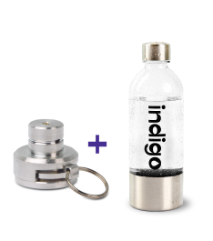 One connect-indigo adapter for sodasteam's Quick connect or Pink system devices and One reusable brushed aluminium botte to make sparkling water