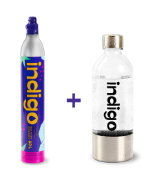 One Indigo Soda C02 canister for carbonation devices and one reusable brushed aluminium botte to make sparkling water