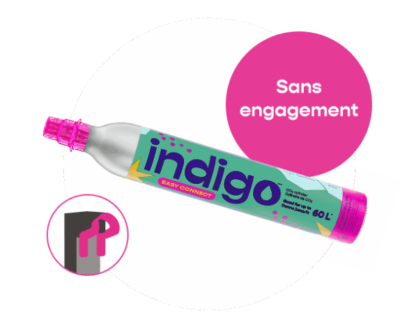 Cylindre de CO₂ de marque Indigo avec embout rose vif, étiquetée “Easy Connect”, placée sur un fond blanc avec un cercle rose portant la mention “Sans engagement”. Un pictogramme rose dans le coin inférieur gauche illustre la compatibilité avec le système de Quick Connect de SodaStream.
