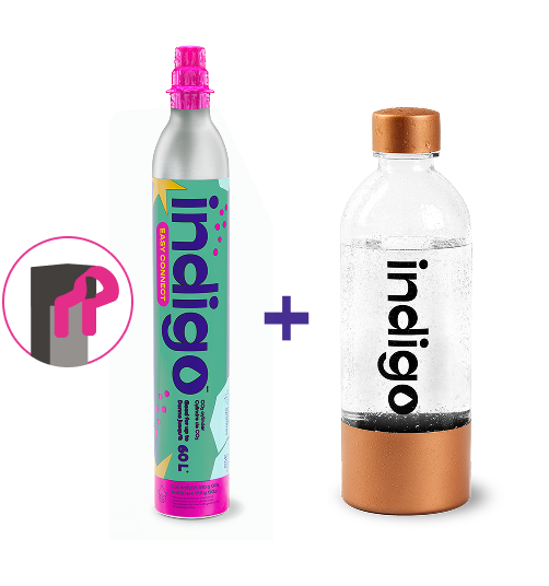 Visual showing a CO₂ Indigo “Easy Connect” cylinder with pink tip, accompanied by a rose gold reusable bottle partially filled with sparkling water. A “+” symbol links them visually, and a pictogram on the left indicates compatibility with Sodastream's Quick Connect system.
