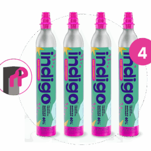 Quatre cylindres de CO₂ de marque Indigo avec embouts roses, alignés verticalement sur un fond blanc. Chaque cylindre porte l’étiquette “Easy Connect” et peut gazéifier jusqu’à 60 L. Un pictogramme en bas à gauche indique la compatibilité avec le système Quick Connect de SodaStream, et un cercle rose en haut à droite affiche le chiffre “4”.