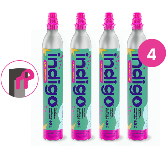 Quatre cylindres de CO₂ de marque Indigo avec embouts roses, alignés verticalement sur un fond blanc. Chaque cylindre porte l’étiquette “Easy Connect” et peut gazéifier jusqu’à 60 L. Un pictogramme en bas à gauche indique la compatibilité avec le système Quick Connect de SodaStream, et un cercle rose en haut à droite affiche le chiffre “4”.