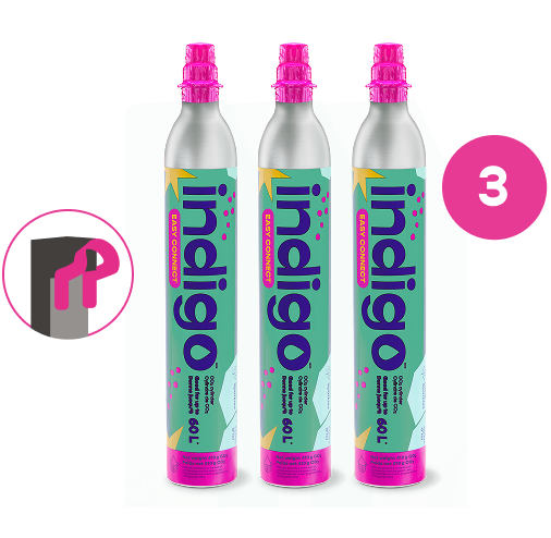 Trois cylindres de CO₂ de marque Indigo avec embouts roses, alignés verticalement sur un fond blanc. Chaque cylindre porte l’étiquette “Easy Connect” et peut gazéifier jusqu’à 60 L. Un pictogramme en bas à gauche indique la compatibilité avec le système Quick Connect de SodaStream, et un cercle rose en haut à droite affiche le chiffre “4”.